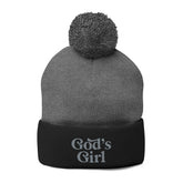 God's Girl Pom-Pom Beanie | Embroidered Knit Cap, Gray or Black