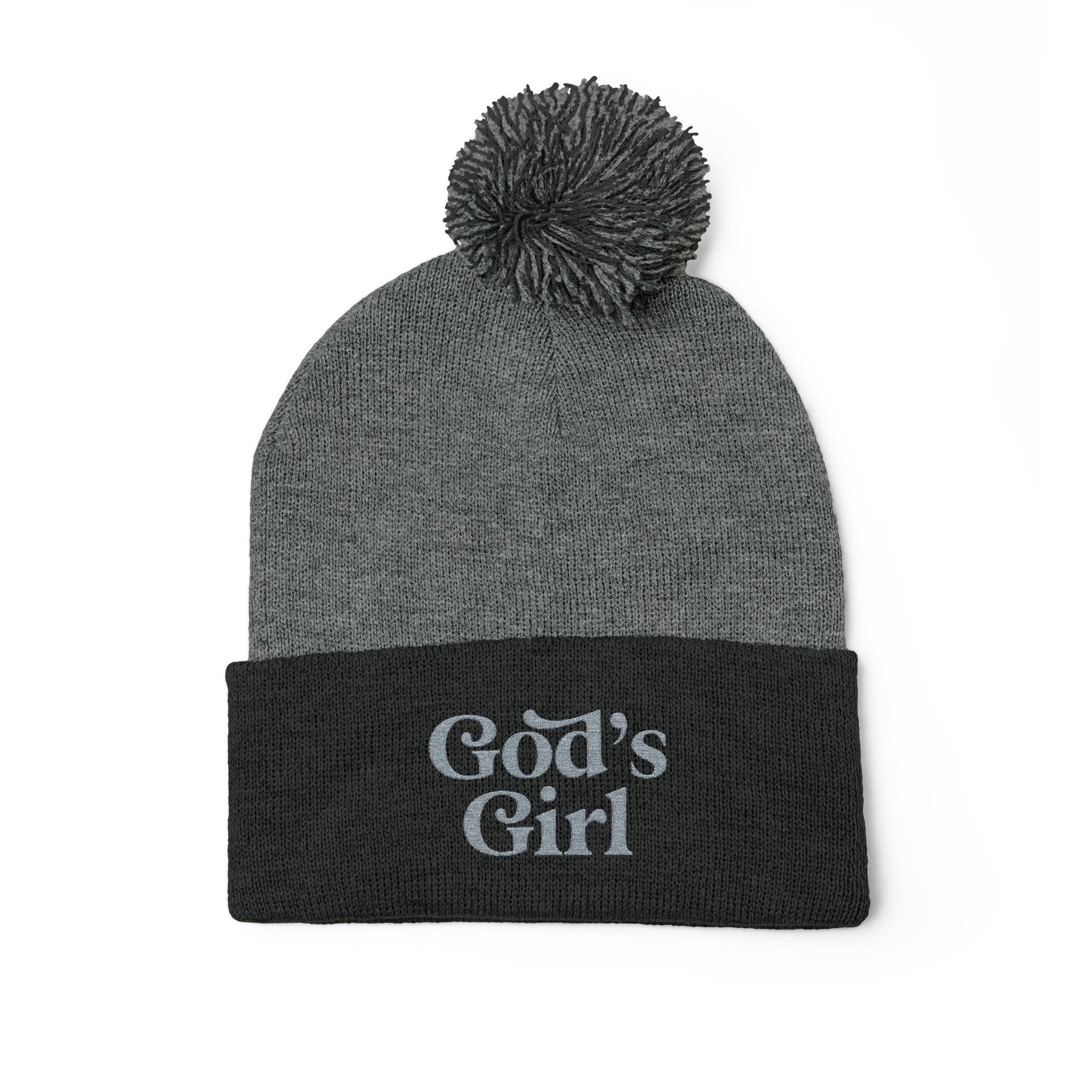 God's Girl Pom-Pom Beanie | Embroidered Knit Cap, Gray or Black