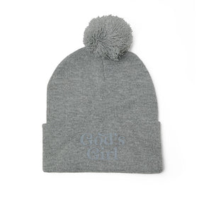 God's Girl Pom-Pom Beanie | Embroidered Knit Cap, Gray or Black